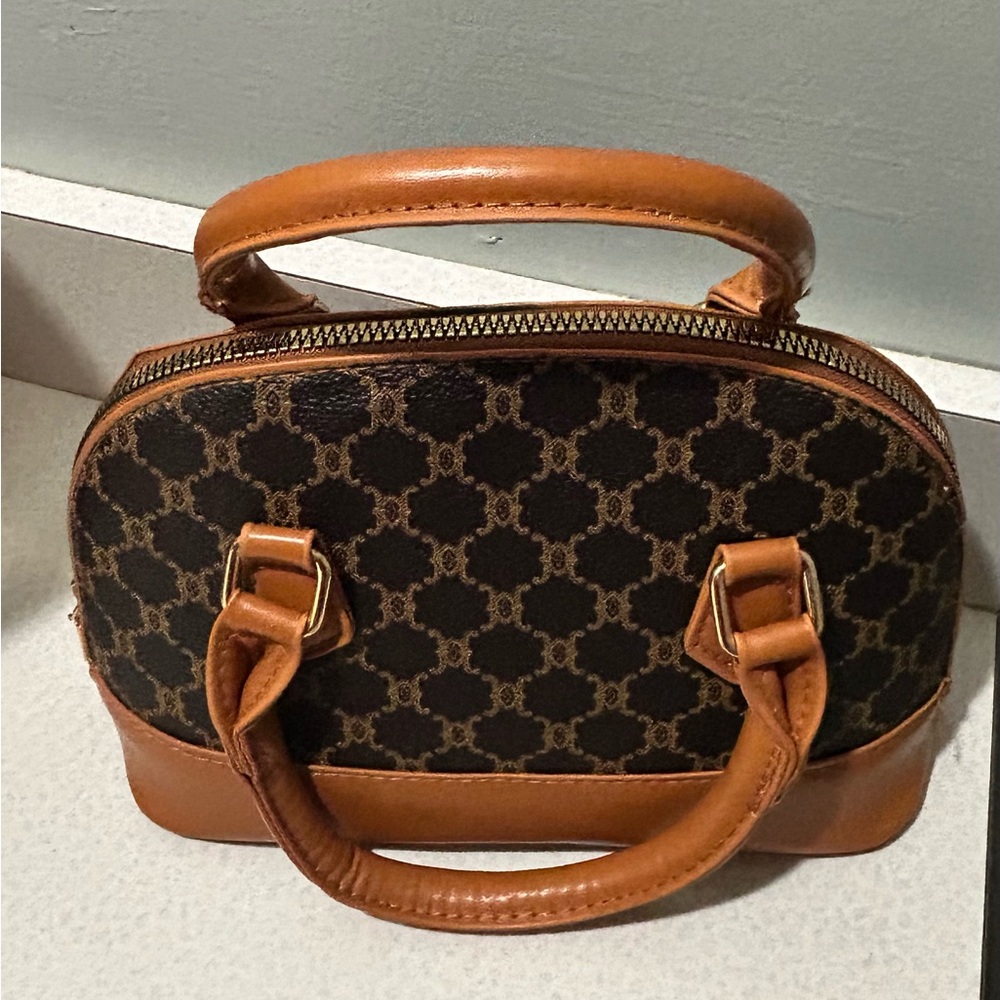 Classic Monogram-Style Brown Leather Top-Handle Bag